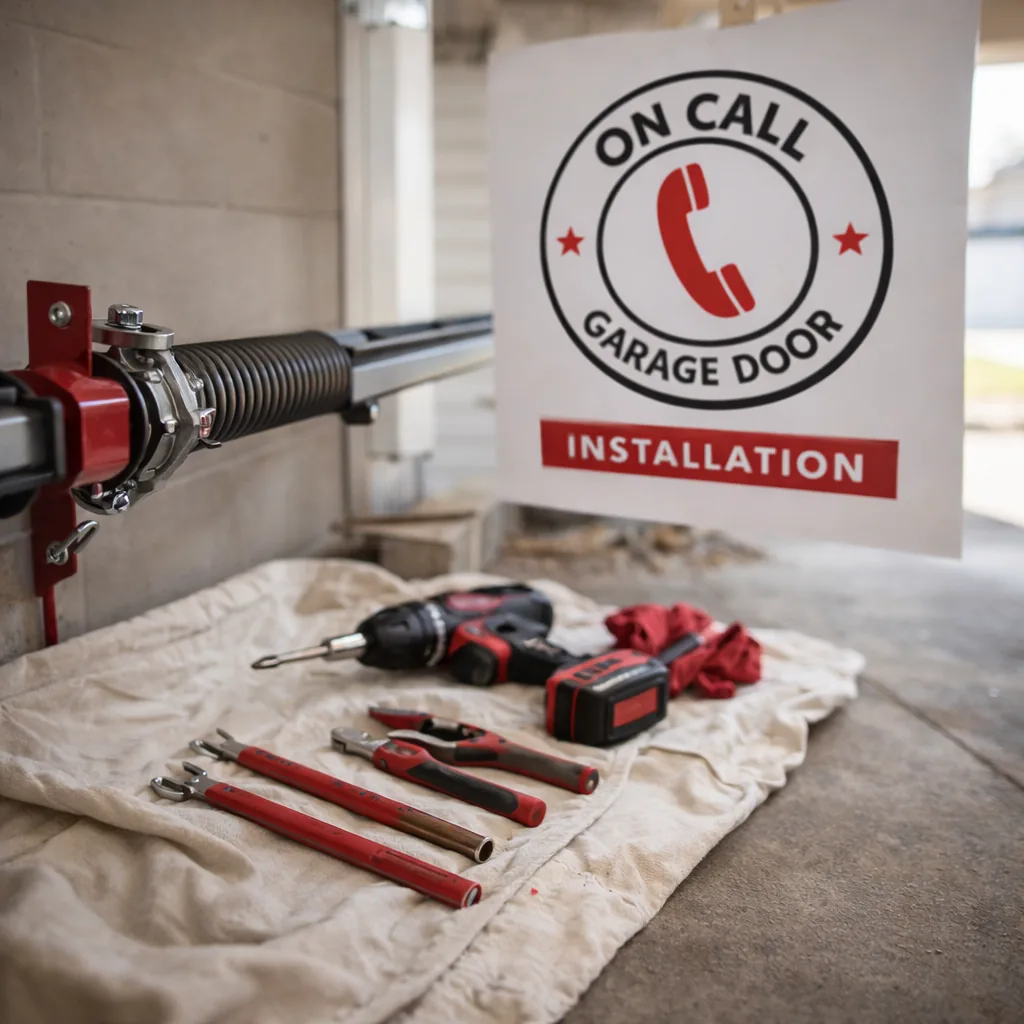Close-up of a torsion spring and opener rail mid-installation with tools laid out on a drop cloth