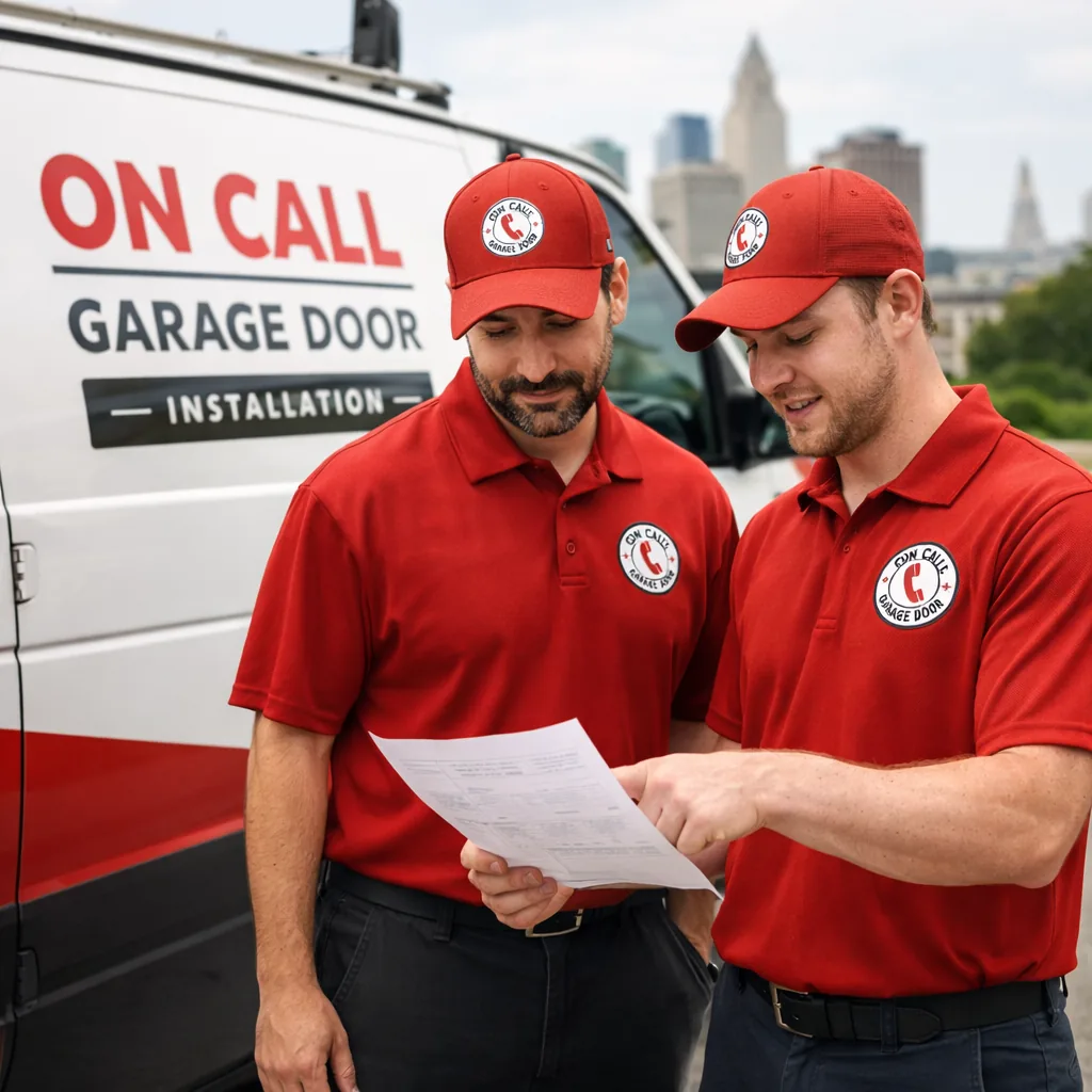 Two uniformed On Call technicians reviewing a job sheet beside their marked service van before a Kansas City appointment