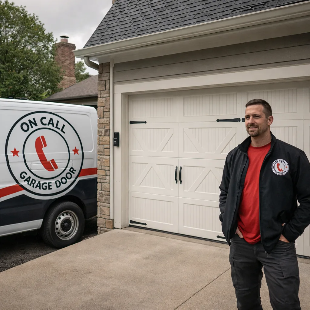 A newly installed carriage-style garage door on a suburban Kansas City home, technician standing beside it with the truck visible in the driveway.