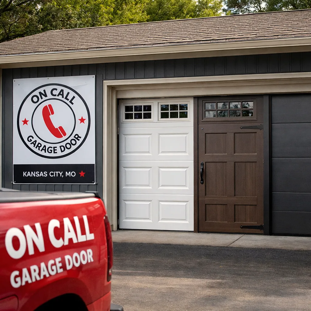 A row of garage door style samples (raised panel, carriage house, flush contemporary) shown side by side against a garage wall.