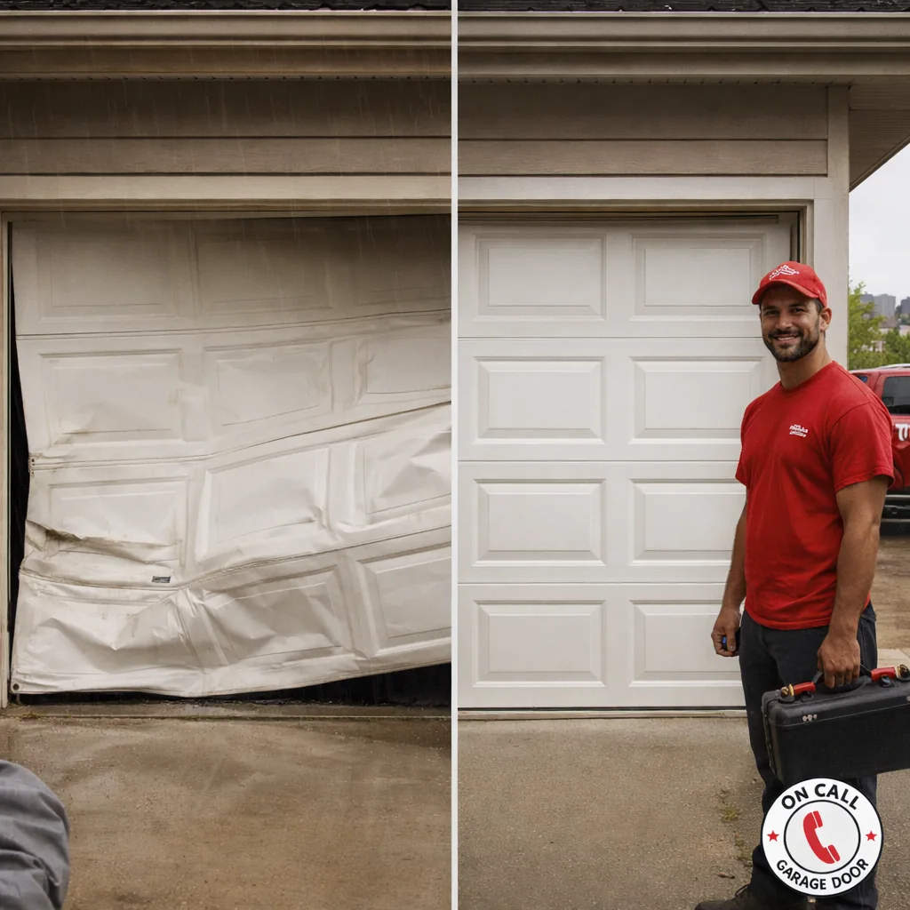 Side-by-side of a storm-damaged garage door panel and the same opening with a new door installed the same day.