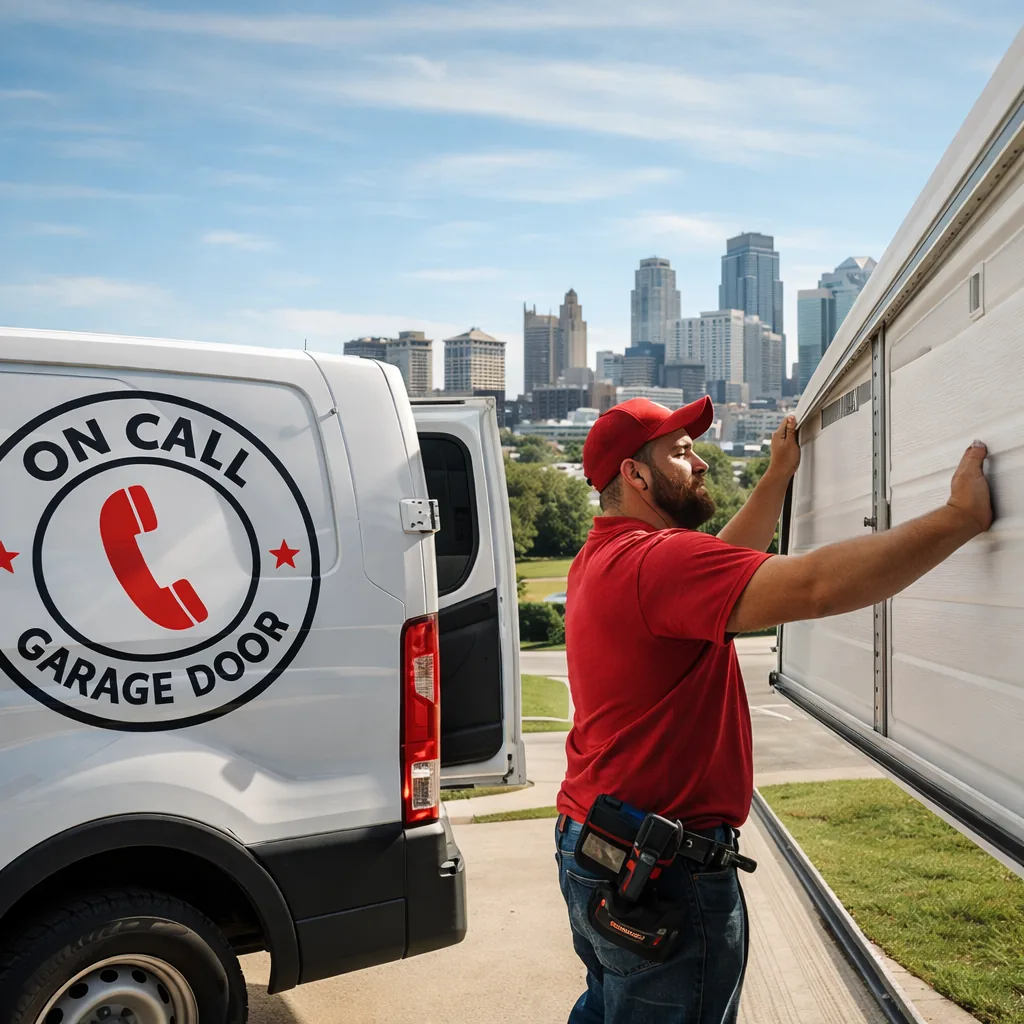 A technician installing a new garage door panel into the track on a Kansas City driveway on a sunny afternoon.